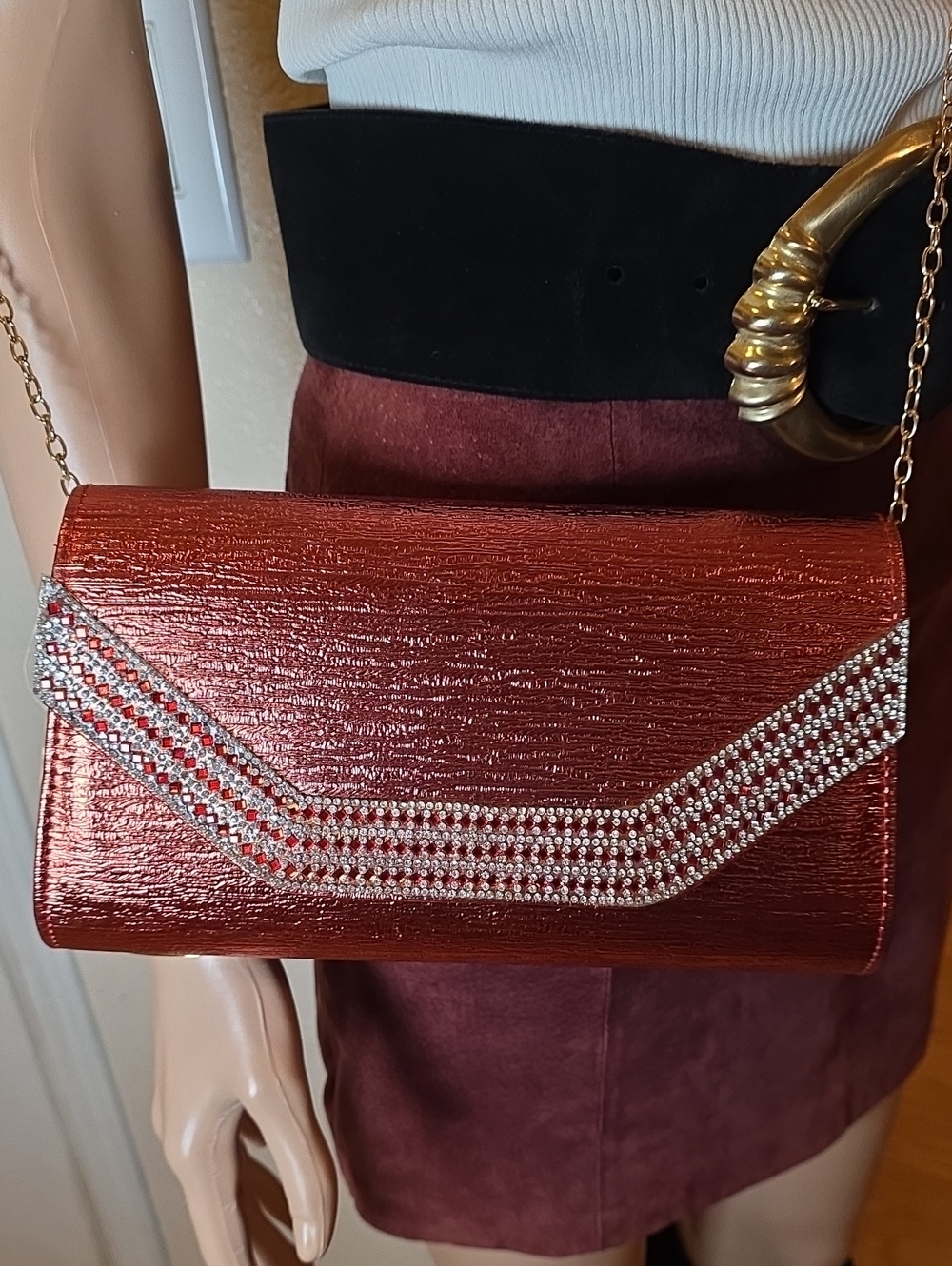 Metallic Red Rhinestone Chevron Envelope Evening Clutch Bag NWT